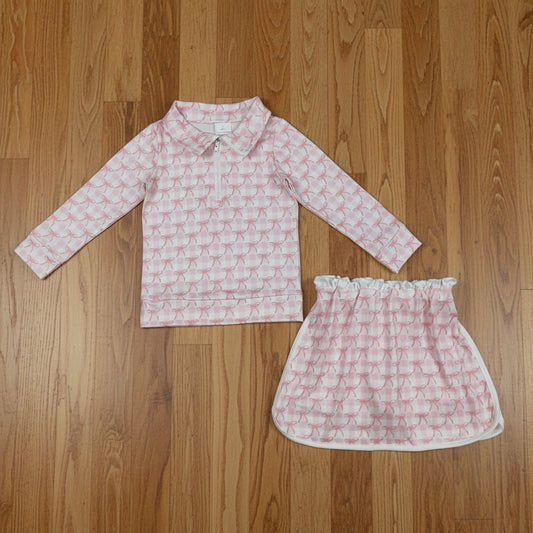 long sleeve pink bow pullover skort set outfit
