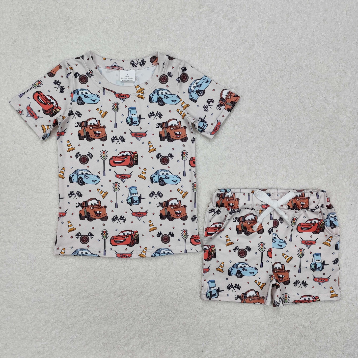 cartoon car route print baby boy shorts set