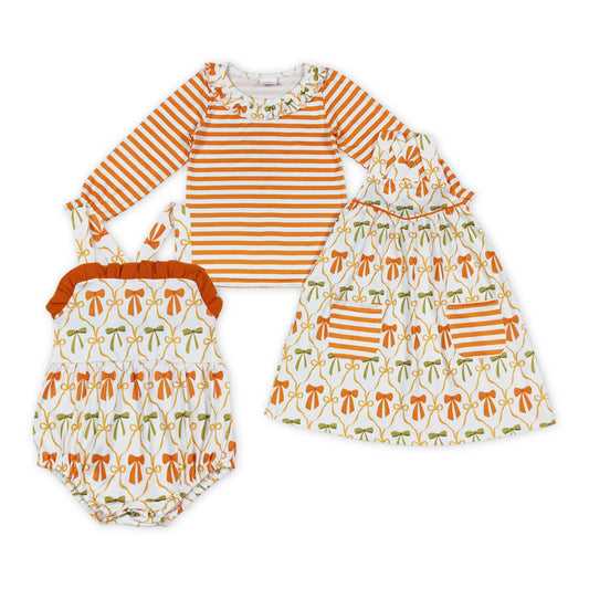Orange Bows Print Girls Sibling Clothing