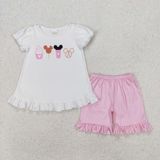 white pink park cartoon snacks girl shorts set