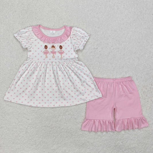 ballet print pink polk dots ruffle shorts set summer girls outfit