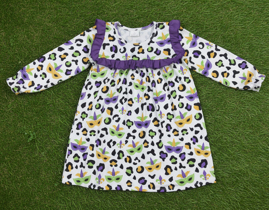 purple green gold leopard and mask print mardi gras girl dress