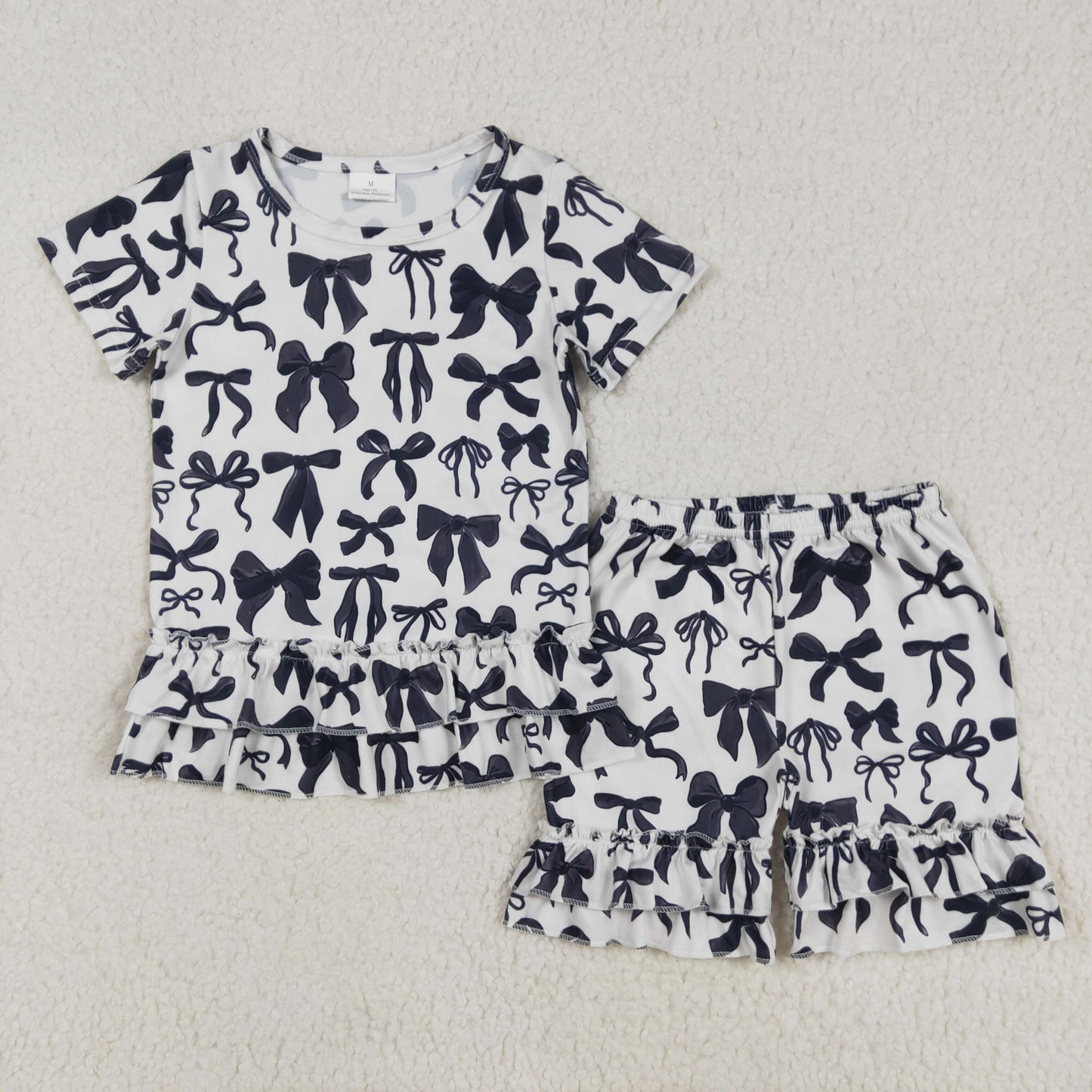 black bows print ruffle shorts set