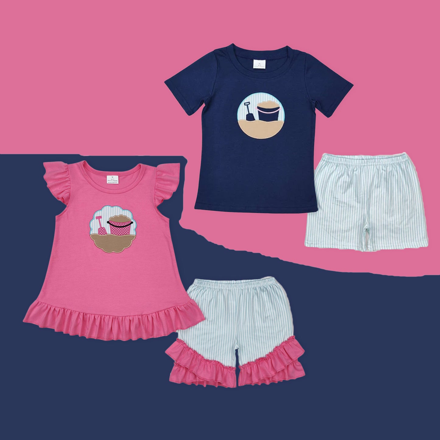 Beach Bucket Embroidery Shorts Set Sibling Clothes