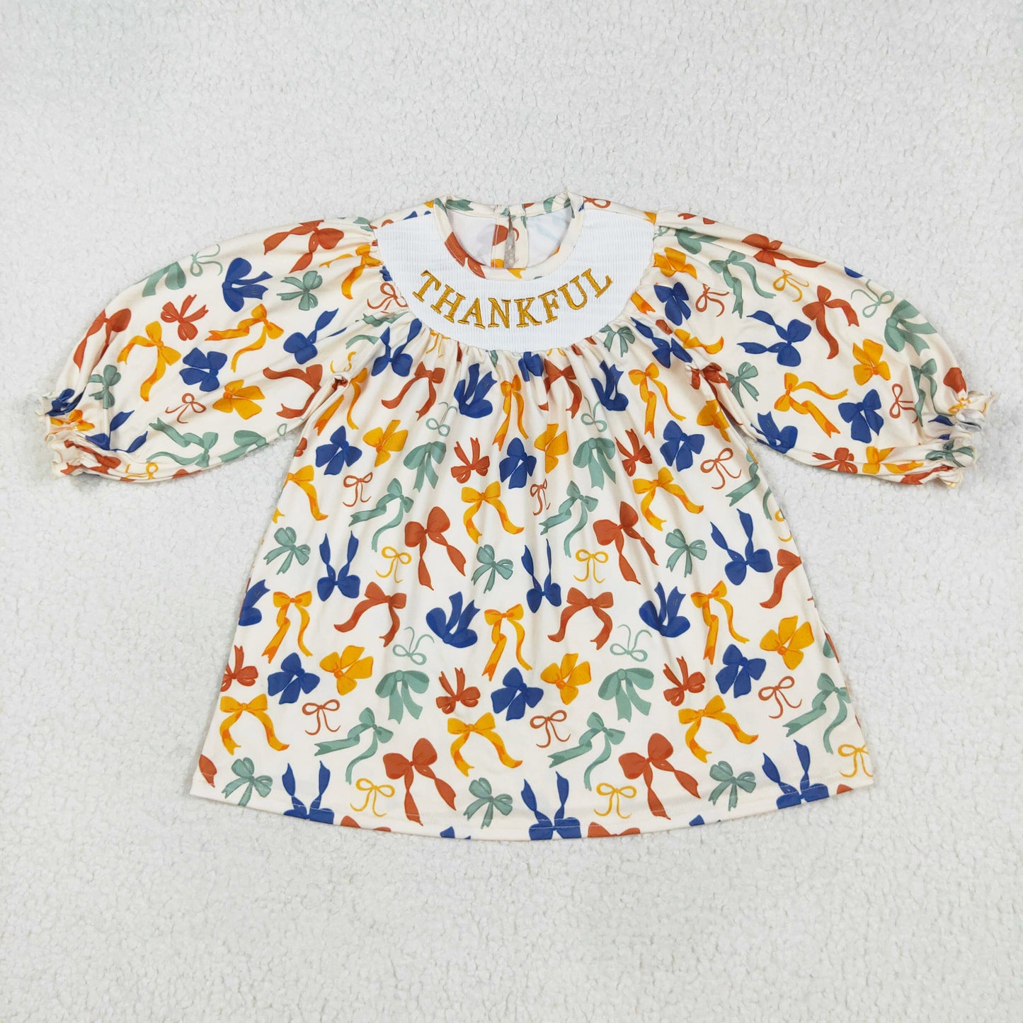 thankful coloful bow embroidery smock dress