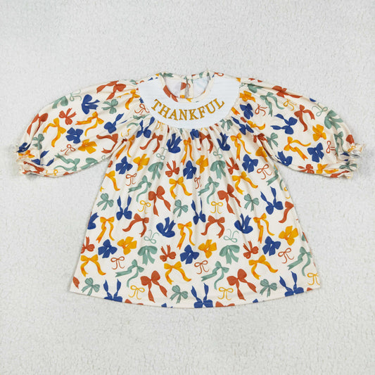 thankful coloful bow embroidery smock dress