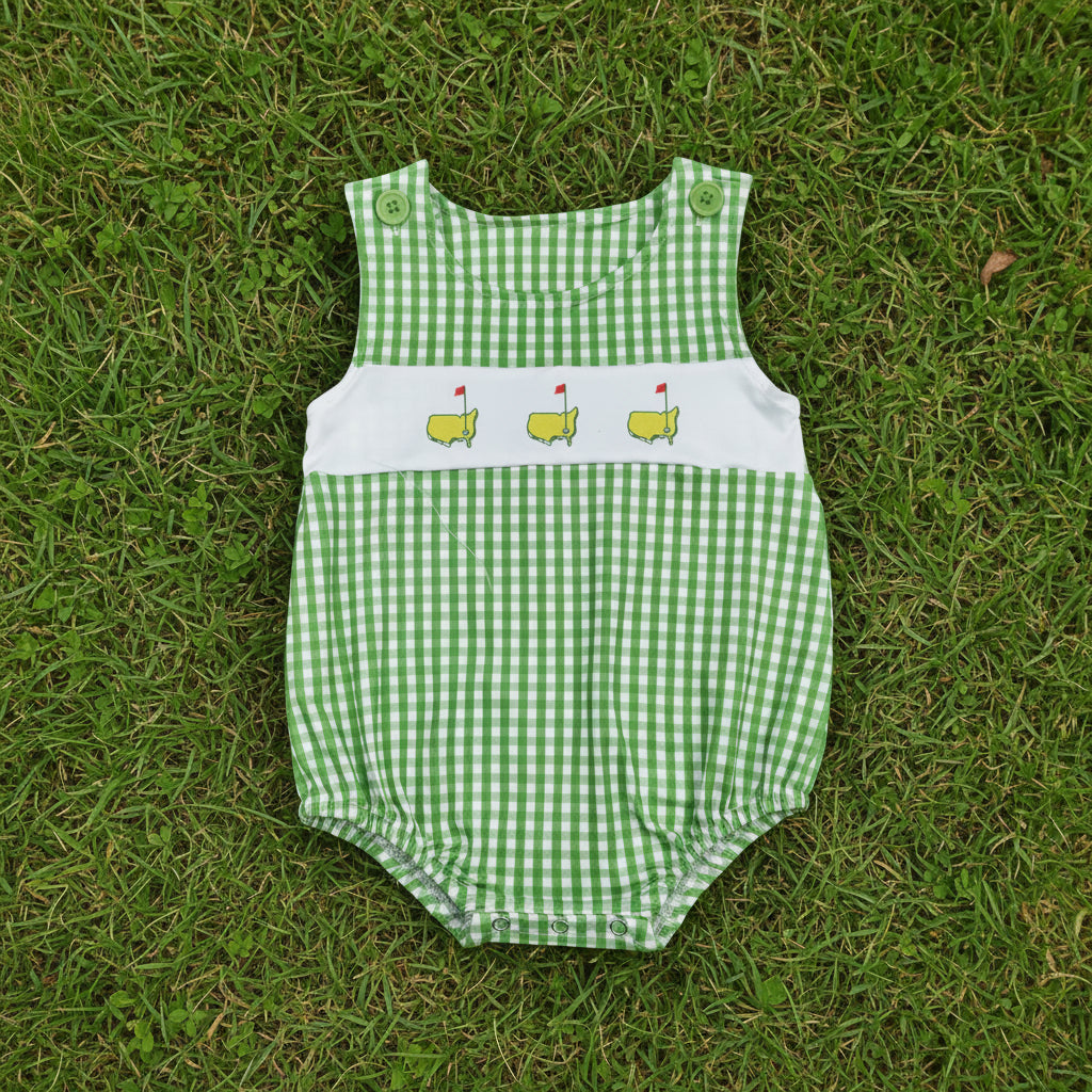 green gingham golf print boy bubble baby clothes