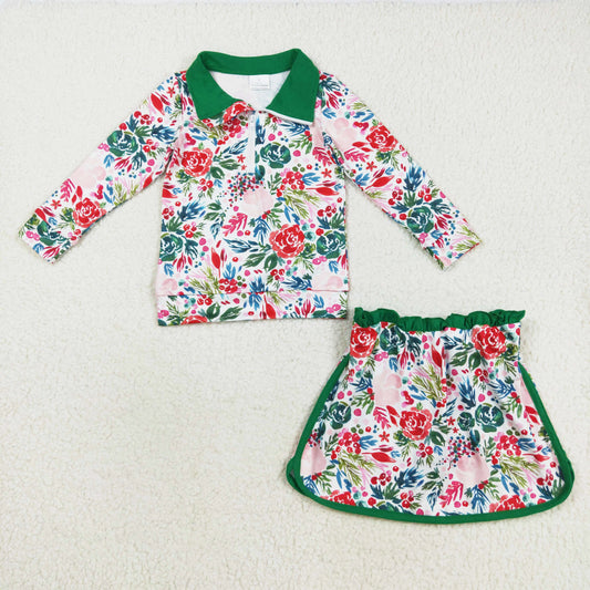 long sleeve red green Christmas flower zip pullover skort set outfit