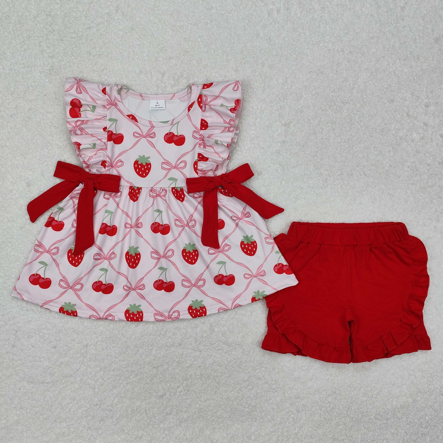 red strawberry bows ruffle shorts set summer girls outfit