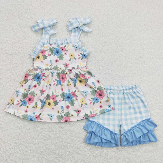girl clothes strap floral ruffle shorts set blue