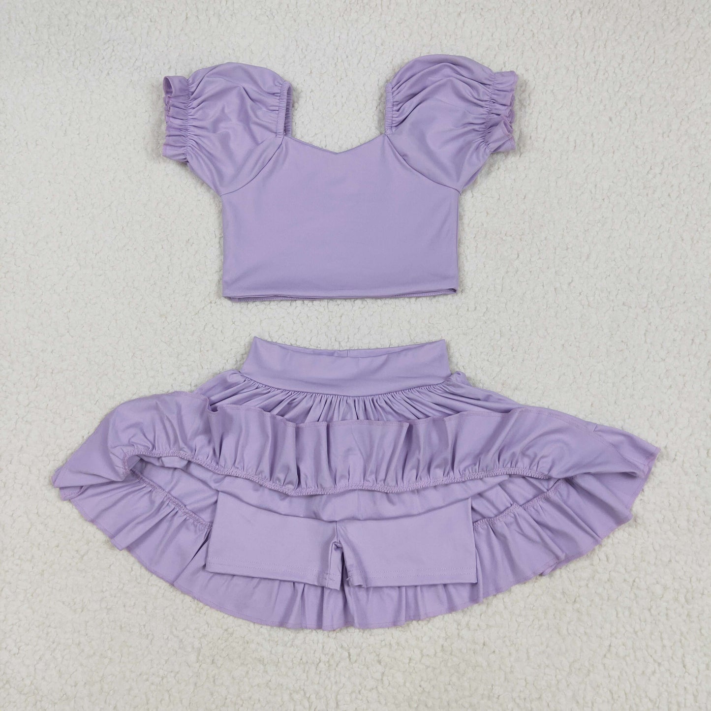 solid purple two pieces ruffle athletic skort dress yoga set