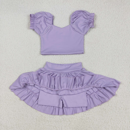 solid purple two pieces ruffle athletic skort dress yoga set