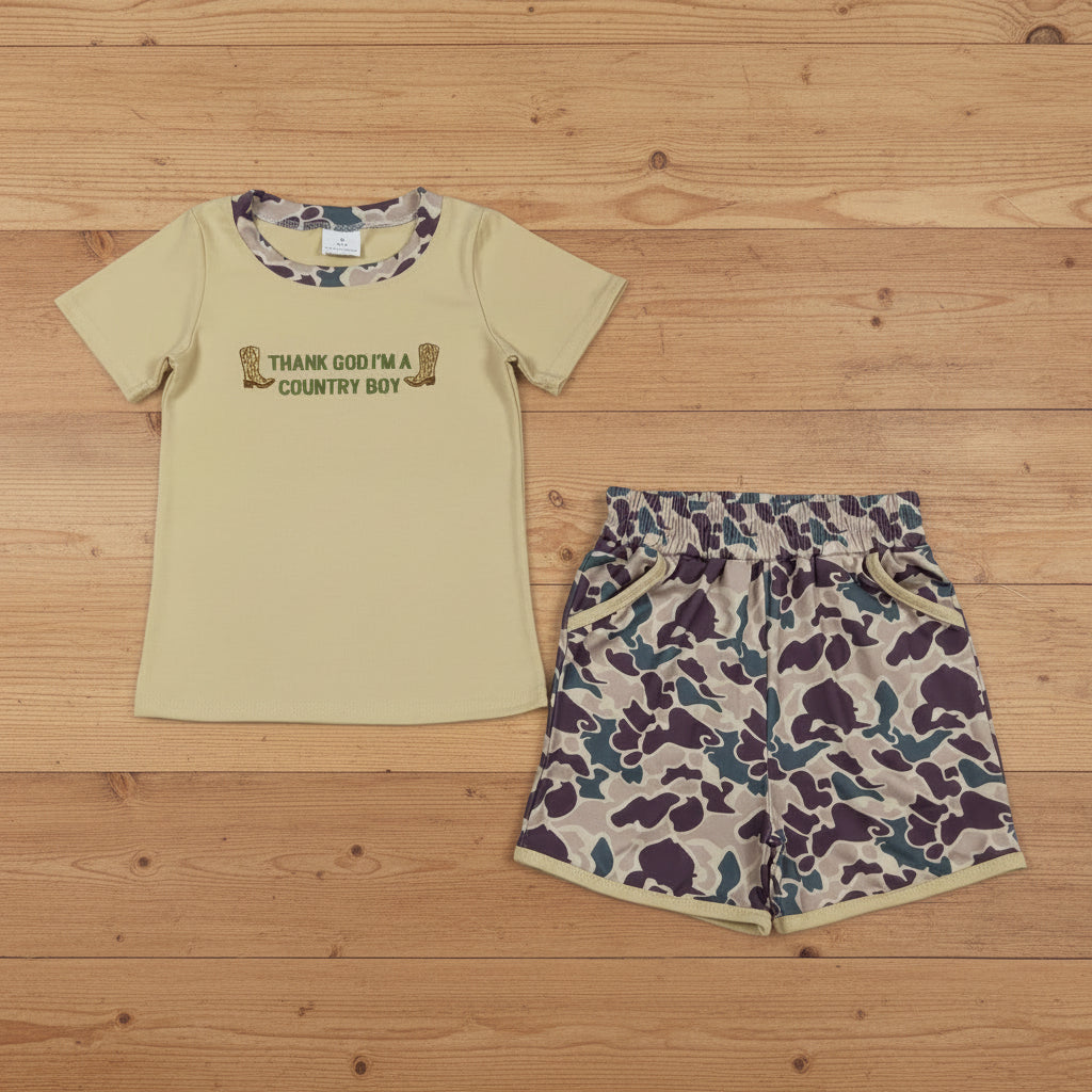 thank god i'm a country boy embroidery camo shorts set