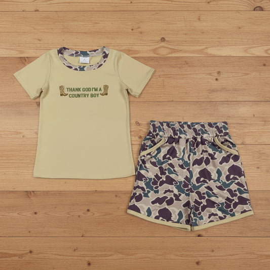 thank god i'm a country boy embroidery camo shorts set