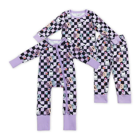 black purple checkered boo Halloween pajamas