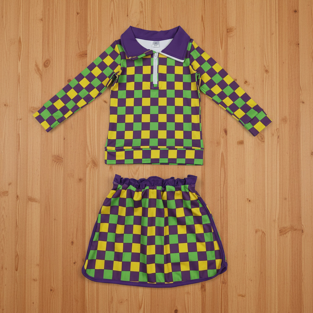 mardi gras checkered athletic zip pullover skort set outfit