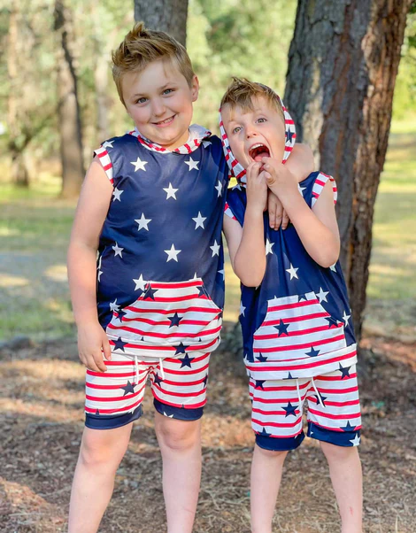 stripes and stars boy hoodie shorts set outfit 4th of july clothing