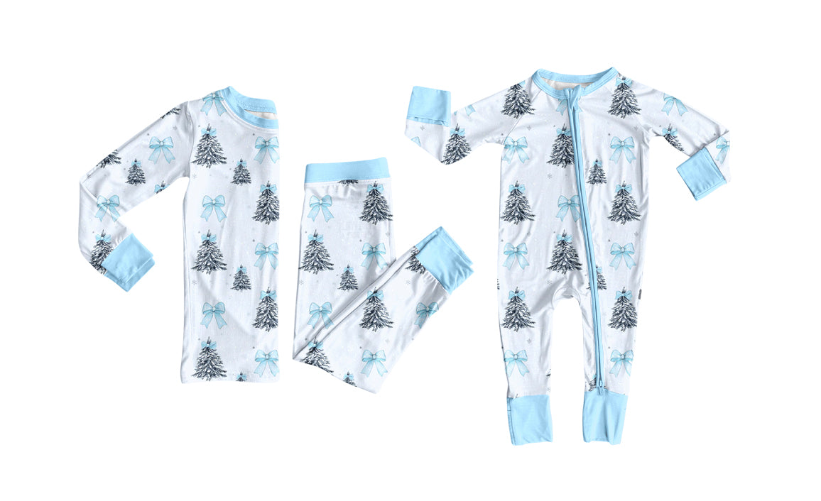 TAT 6-7 weeks MOQ 3 each blue bow tree print kids pajamas