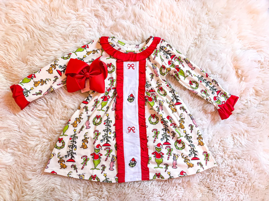 red bow gri*ch embroidered Christamas dress