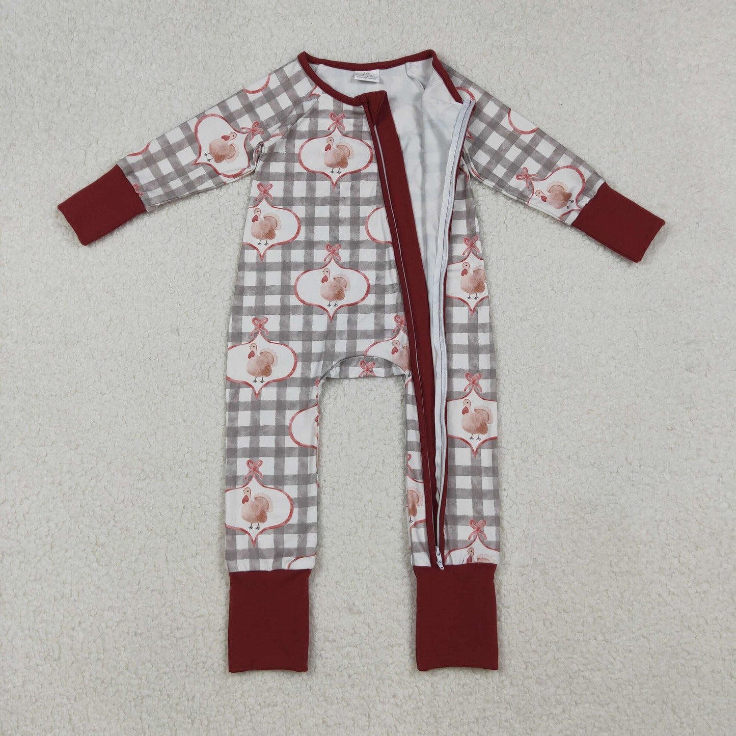 grey plaid turkey print thanksgiving day baby boy zipper sleeper infant pajama