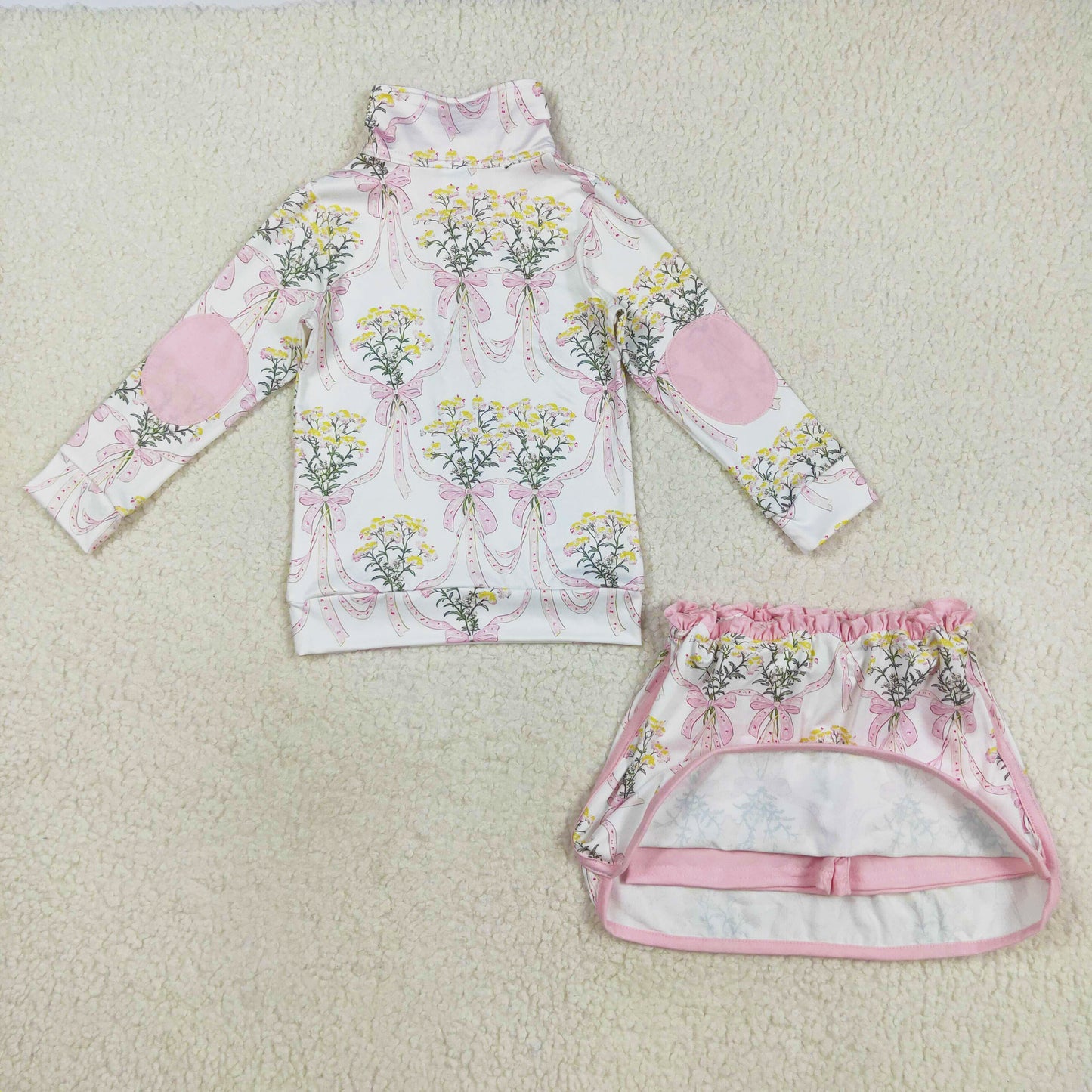 long sleeve pink bow floral zip pullover skort set outfit