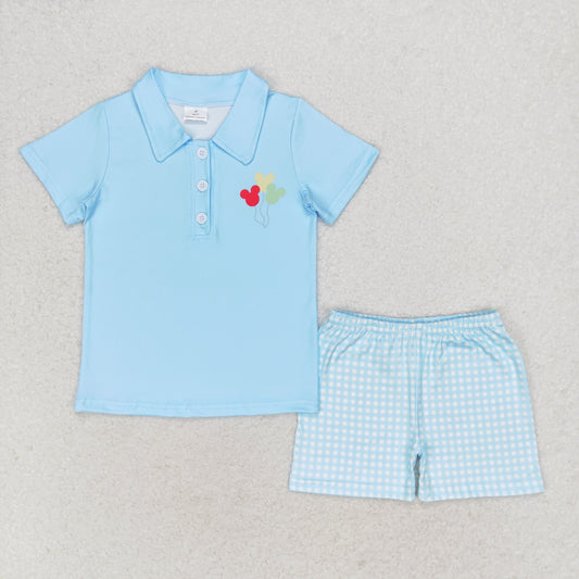 cartoon balloon print blue polo shorts set boy