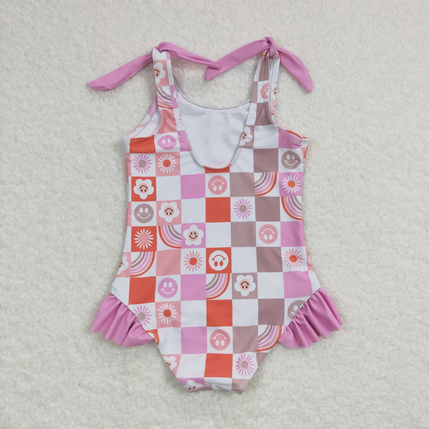 1pcs smiley checkered print kids girls swimsuit