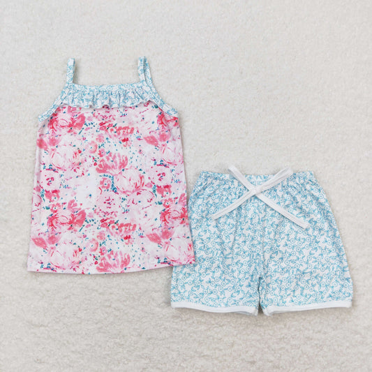 suspender flower shorts set girl summer clothing