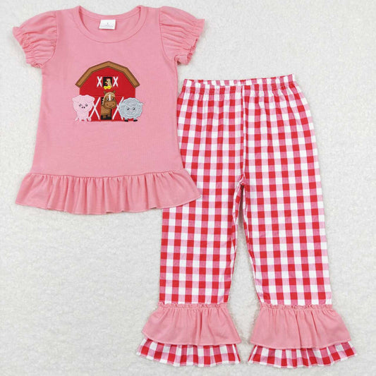 baby girl farm house embroidery red plaid ruffle pants set