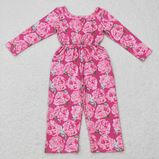 long sleeve hot pink rose flower jumpsuit girls fall clothing