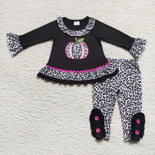 leopard pumpkin embroidery legging outfit little girl fall clothes