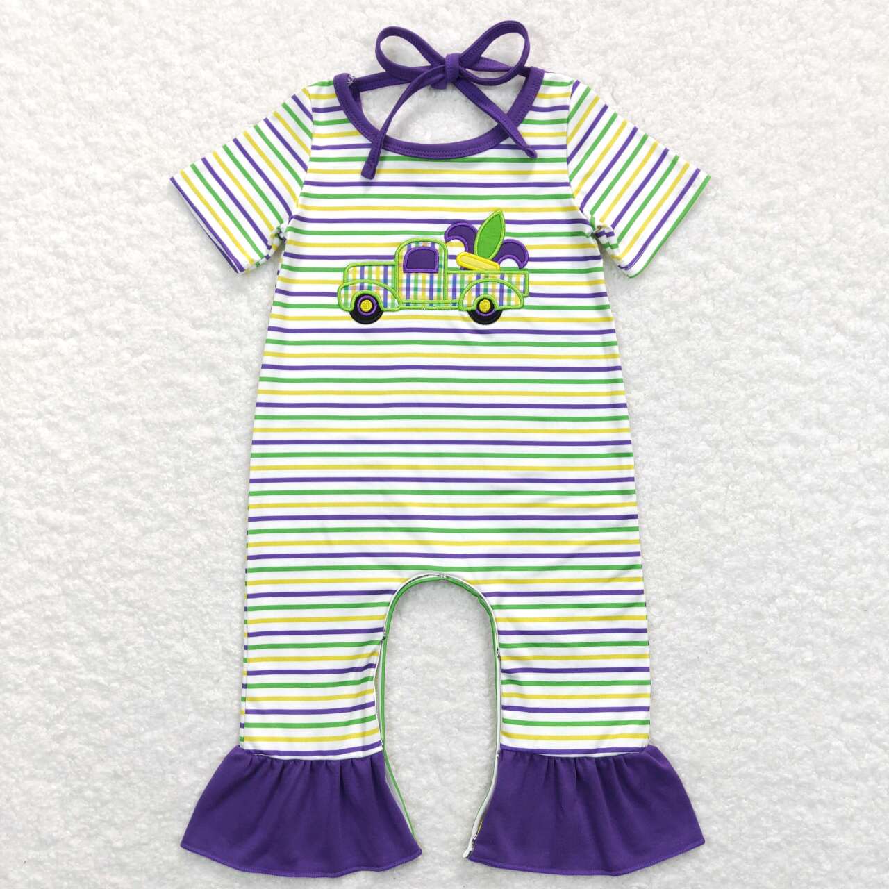 baby girl mardi gras truck embroidery romper