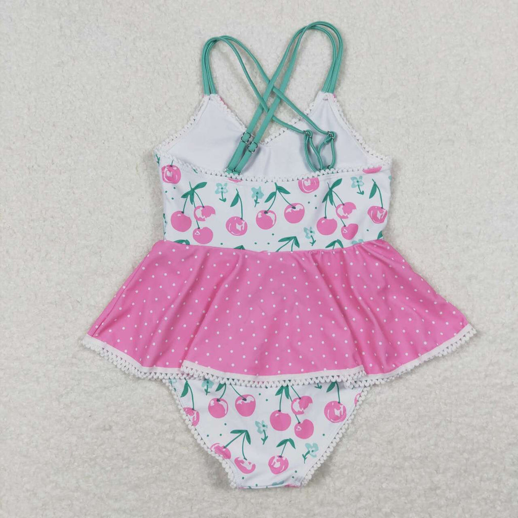 girl one piece swimsuit pink cherry swimwear
