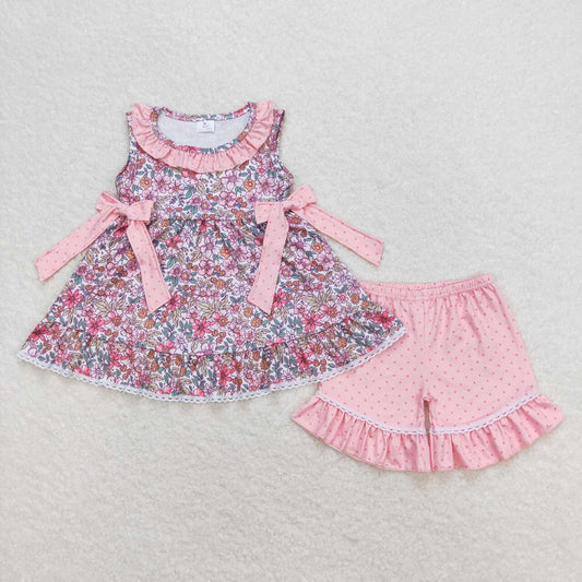 sleeveless flower twirl tunic pink polk dots shorts set