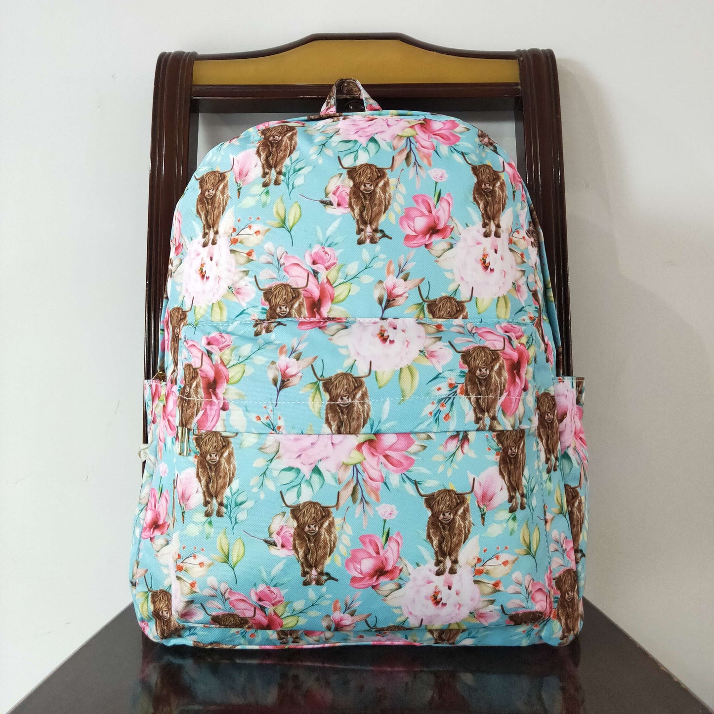 blue highland cow flower print child bag backpack