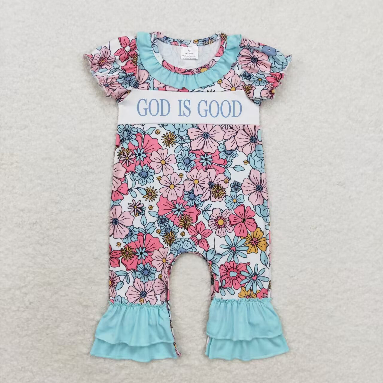 god is good floral ruffle romper girl