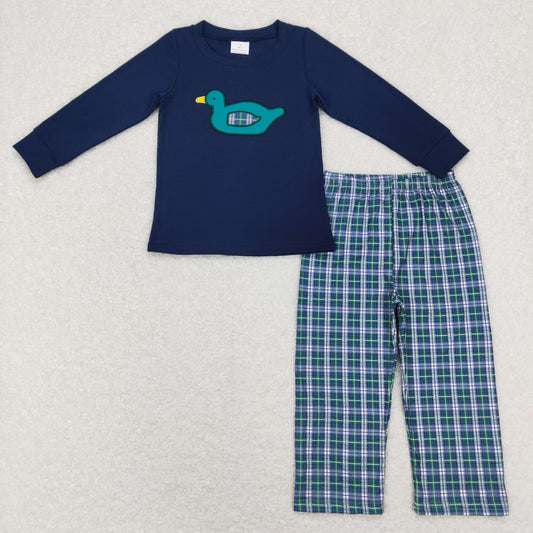 boy long sleeve navy blue duck embroidery pants set