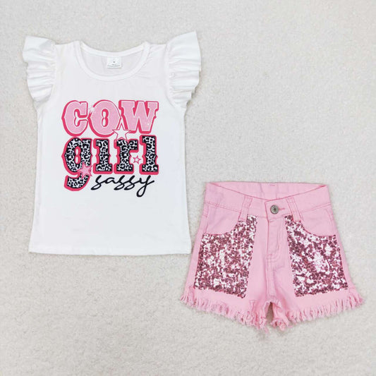 cowgirl sassy sequins pink denim shorts set