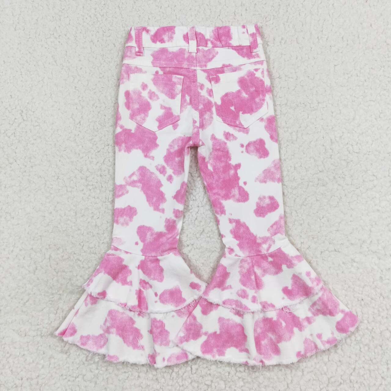 kids pink cow print denim pants girl ruffle jeans