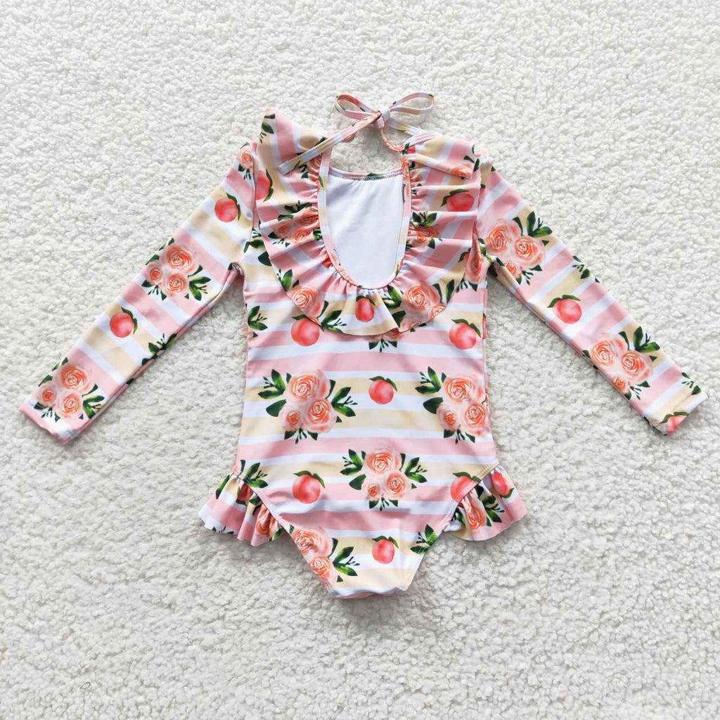 kids little girl long-sleeved peach floral swimsuit