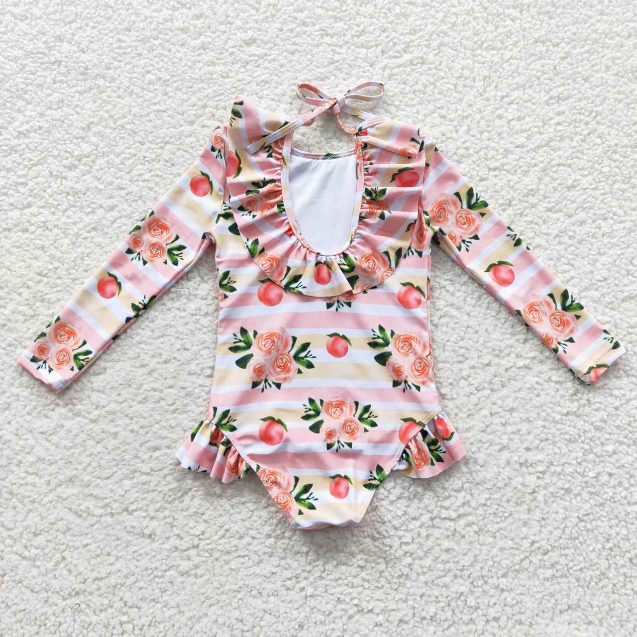 kids little girl long-sleeved peach floral swimsuit