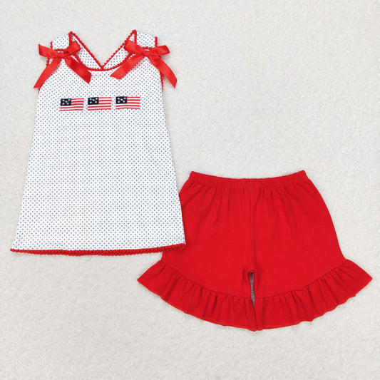 polk dots 4th of july flag embroidery red shorts set