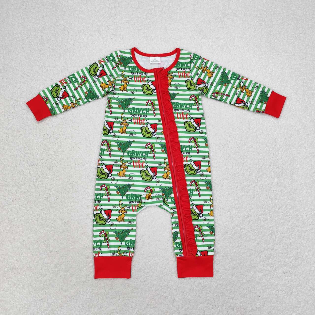 Stripe green face baby girls Christmas zipper romper