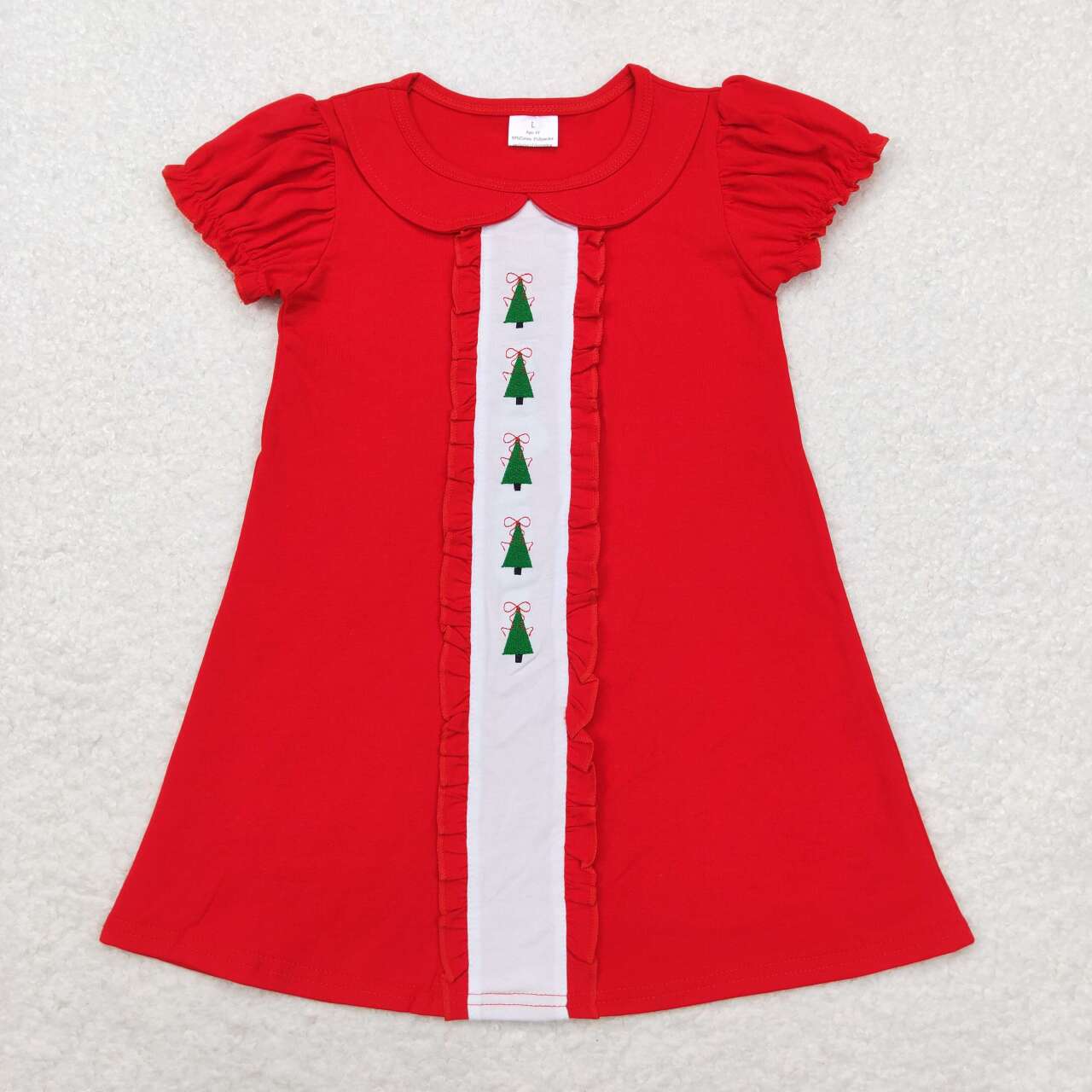 cotton red Christmas tree embroidered collared dress