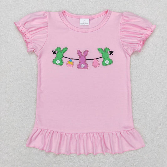 little girl easter pink bunny embroidery t-shirt