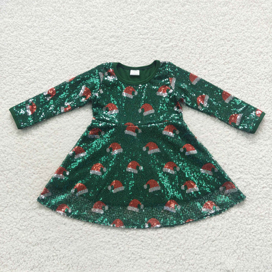 Christmas long sleeve green sequins dress santa hat print