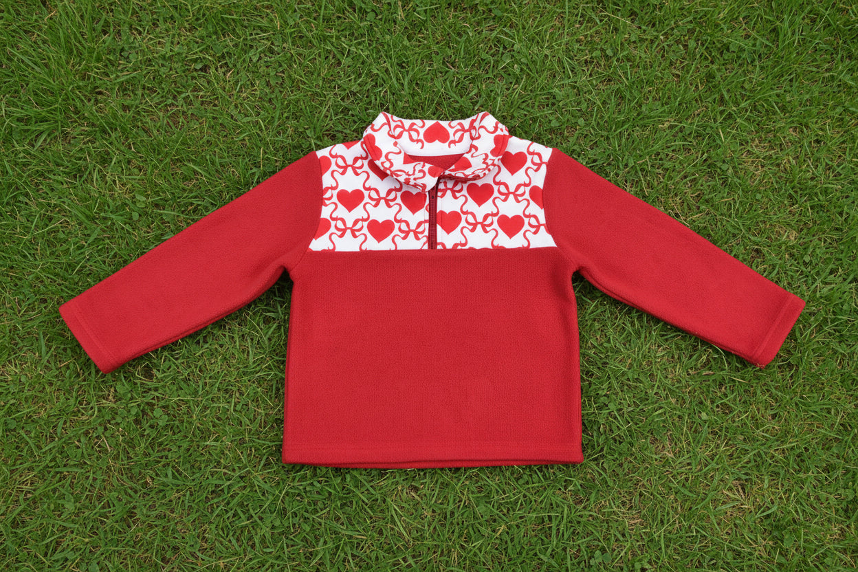 red bow heart zip fleece pullover