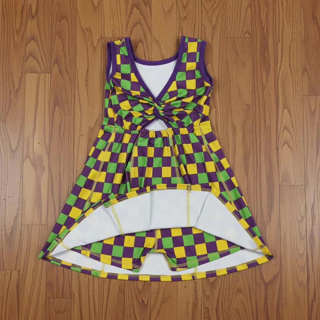 mardi gras purple green golden checkered athletic dress