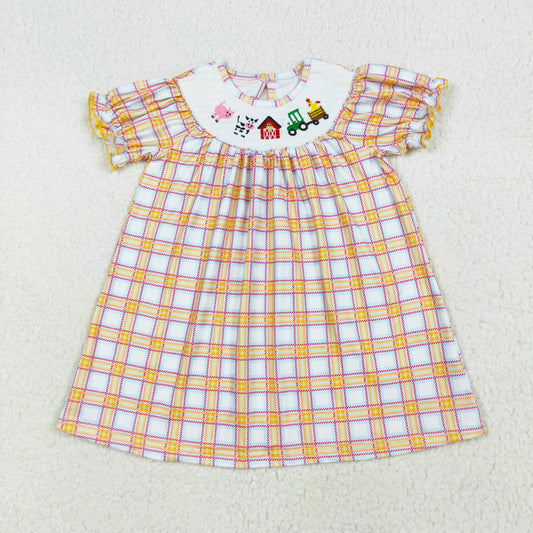 plaid farm life embroidery smock dress