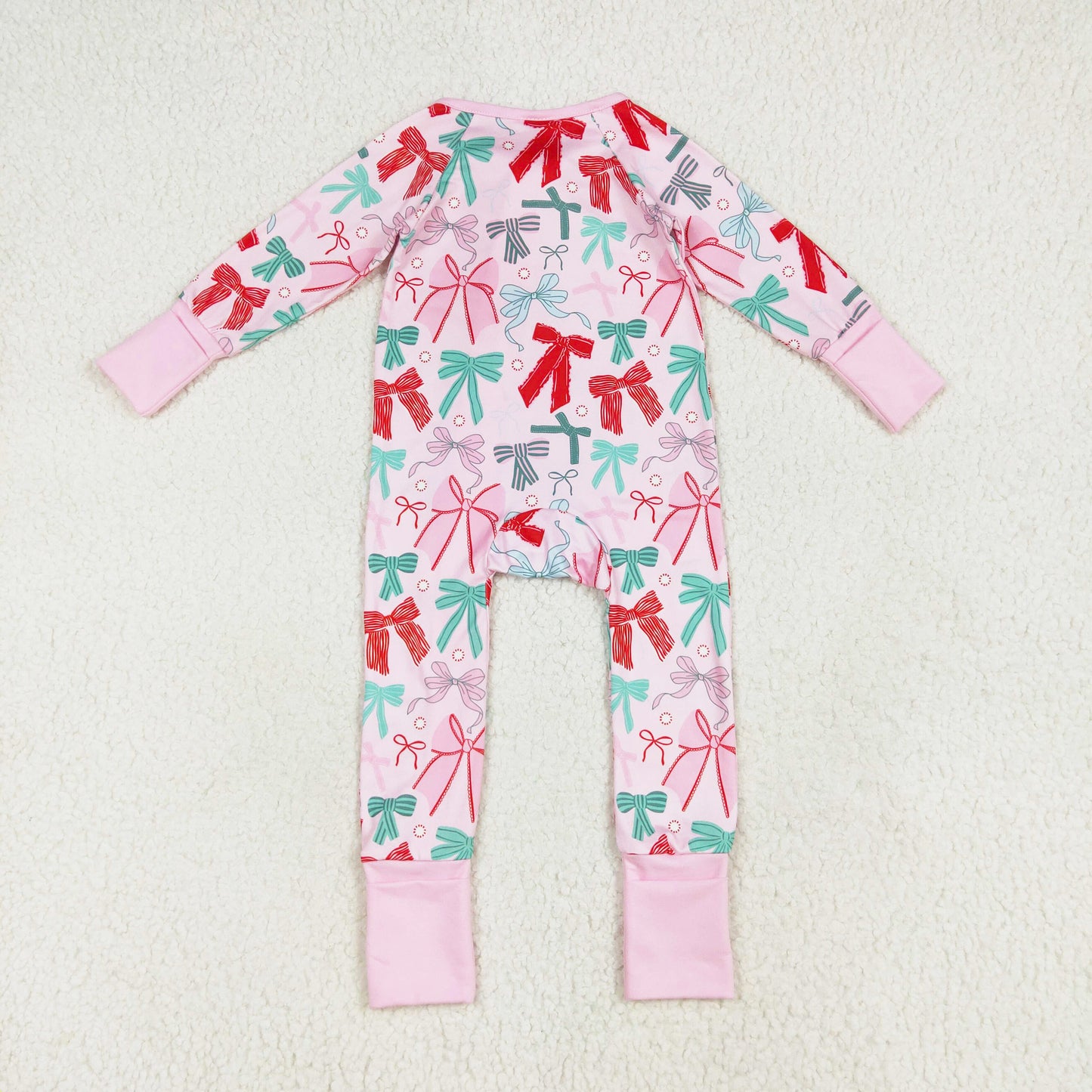 pink green red bow print zip sleeper